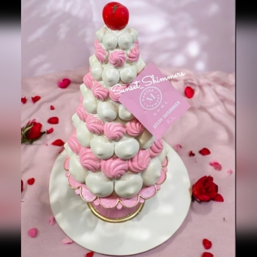 15" MARTHA STEWART Pink White Christmas Tree Cake w Cherry Pedestal Decor NEW - Picture 4 of 7